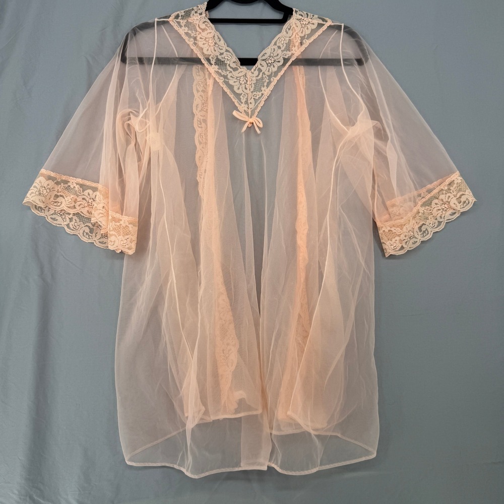Vintage Fredericks of Hollywood Peach Sheer Mesh Lace Robe Babydoll Set Med 9911